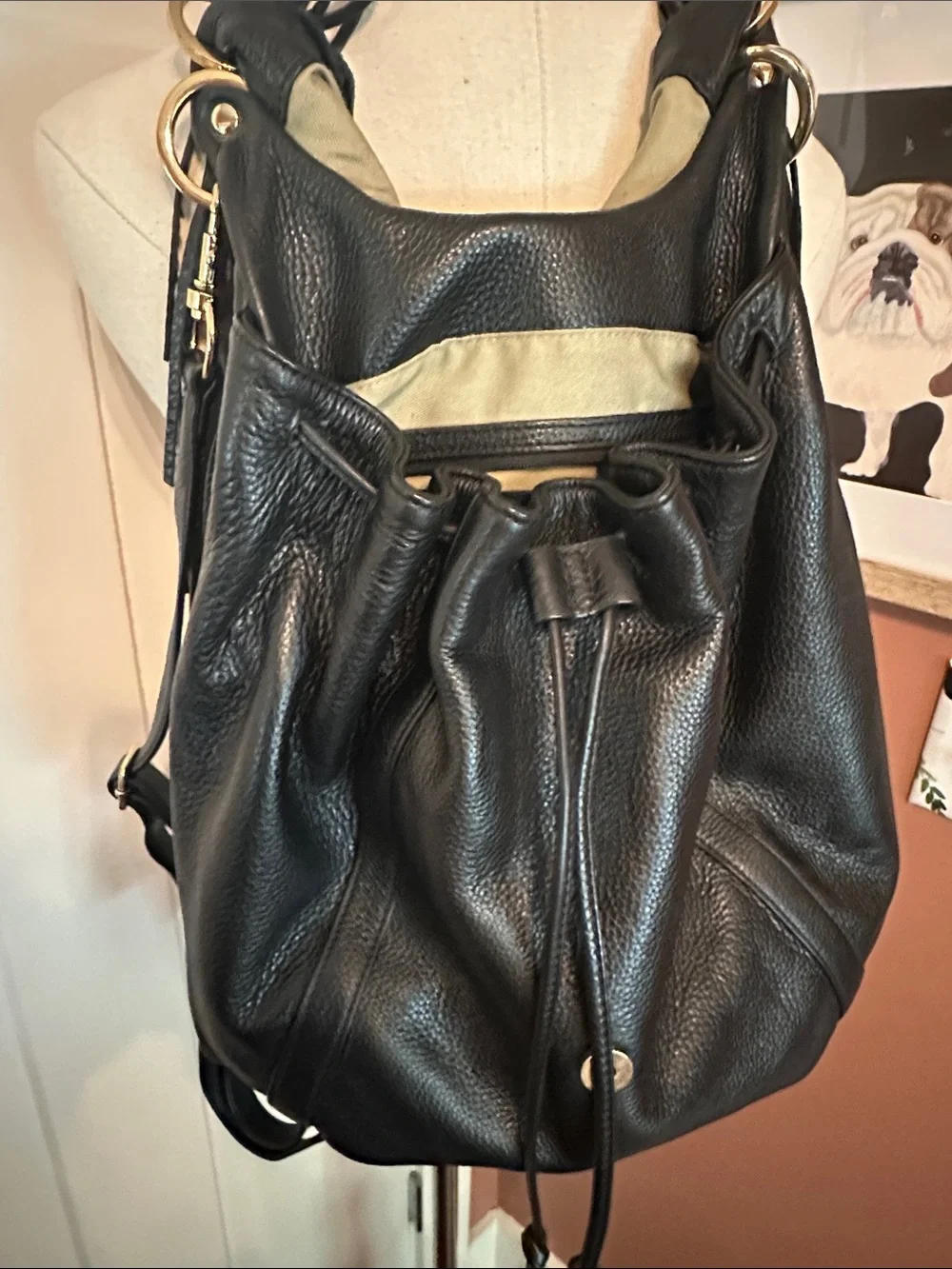 G.I.L.I pebbled black Fringe Leather Hobo backpack shoulder gold cinch purse